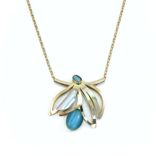 POLY Shiny Gold and Bright Blue Floral Necklace - 22" - Click Image to Close